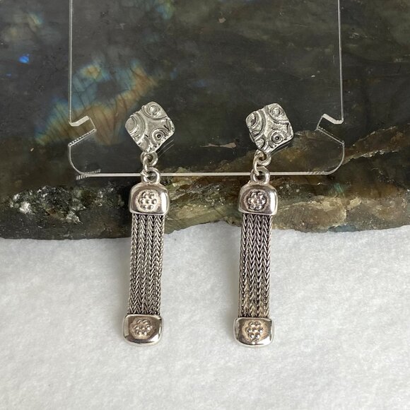 Signed Greek Pipis Sterling Silver 925 Foxtail Chain Dangle Drop Earrings - Picture 13 of 16